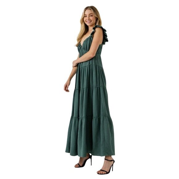 Fall Boho Women's Green maxi dress with Raw Edge. Size L. Free The Roses - Picture 4 of 5